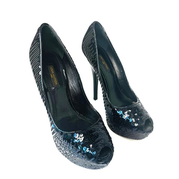 Louis Vuitton Black leather Sequin Peep Toe Platform Pumps Heels Size 35.5 - Picture 10 of 13